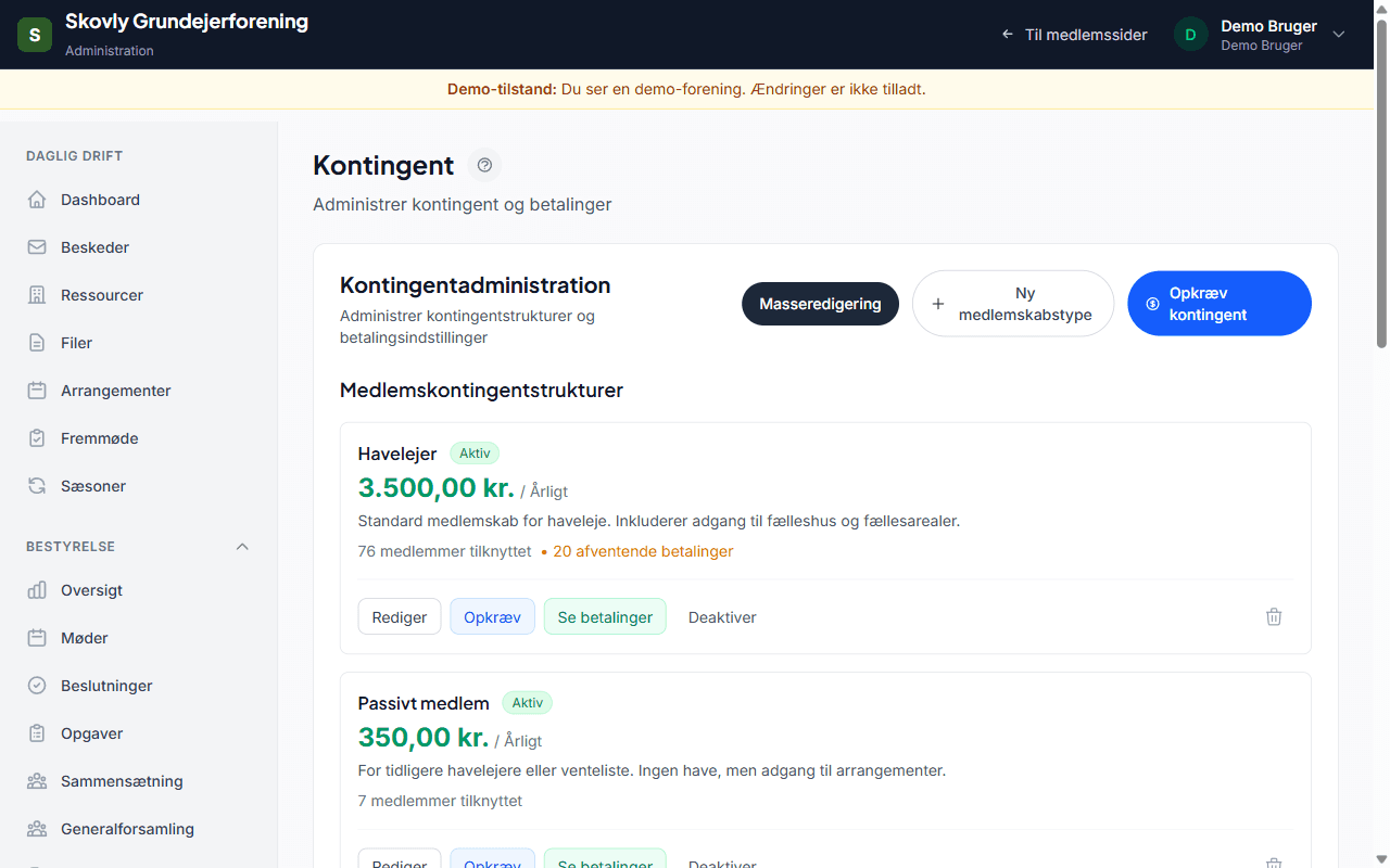 Kontingent der opkræver sig selv - screenshot fra Foreningsstyring
